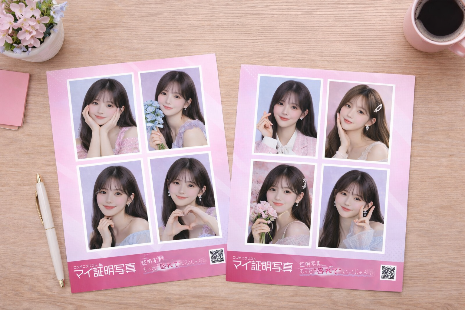 推し証明写真が机の上に並んでいる